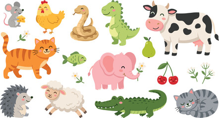 Obraz premium Cute Cartoon Animal Character Vector Set Featuring Cow Elephant Cat Crocodile Snake Dinosaur Mouse Hen and Sheep for Kids Nursery Decor and Sticker Designs