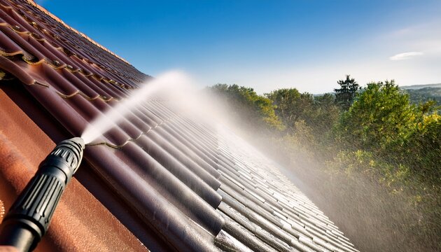 high pressure water spray from a pressure washer wand cleaning a roof gutter