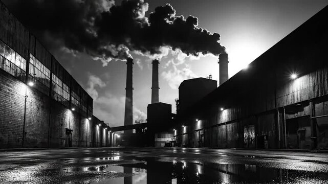 Industrial factory with smoke stacks billowing dark clouds over a wet paved courtyard in monochrome