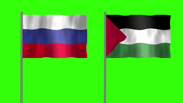 Flag of Palestine and Russia, Pole flag of Palestine and Russia on Green screen chroma key, Palestine and Russia flag waving.
