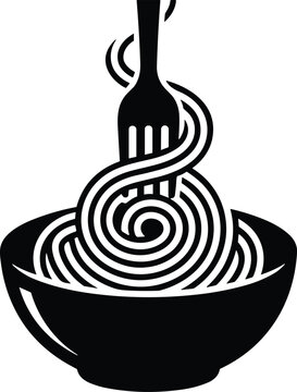 Spaghetti noodles pasta in bowl with fork swirling meal logo icon vector isolated on white