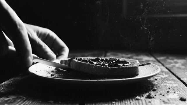 Black and white close-up of a person removing toast with jam from a plate in a rustic, moody setting