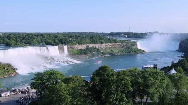 Panoramic view of Niagara Falls and city skyline on sunny day in Ontario Canada. Horseshoe Falls, American Falls and Niagara River