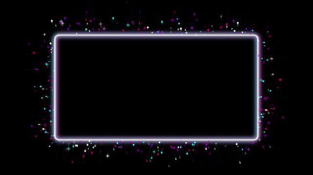 Neon Glowing Frame Border with Colorful Sparkle Confetti on Black Background