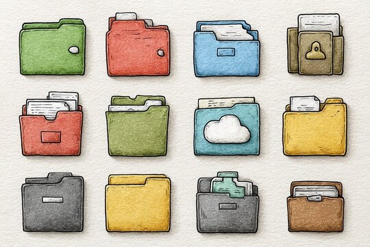 Collection of colorful hand drawn file folders and documents