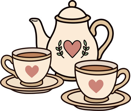 Cute teaset with teapot and teacups vector illustration, cozy tea time icon