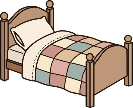 Cozy wooden bed with patchwork quilt vector illustration, bedroom furniture icon