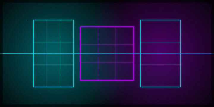 Neon glowing geometric rectangular grid frames against dark gradient on transparent background