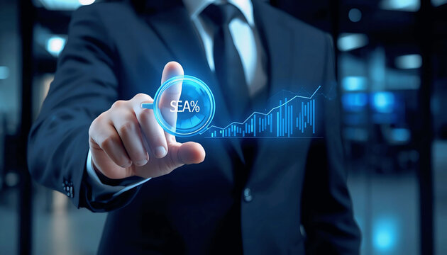 Businessman touching search icon with growth chart for search engine optimization and analysis concept