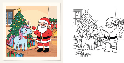 Fototapeta premium Santa Claus and Cute Unicorn by Christmas Tree Coloring Page Illustration, Festive Holiday Scene with Presents and Fireplace for Kids, Color and Line Art Versions Included