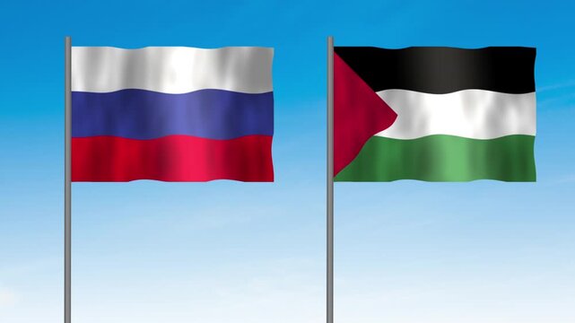 Flag of Palestine and Russia, Pole flag of Palestine and Russia on clear sky background. Palestine and Russia flag waving. 
