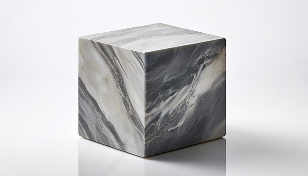 a single square marble cube block with grey natural stone texture pattern on its polished surface isolated on white background