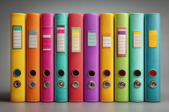 Colorful ring binders organized on shelf in studio lighting