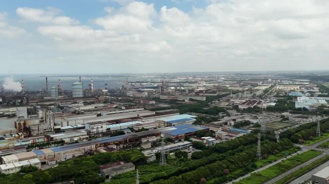 Aerial drone footage of coastal industrial complex in Kimitsu, Chiba, Japan