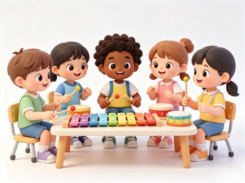 Kids Music Class 3D Cartoon Kids Illustration, Diverse Children Classroom Activity Render