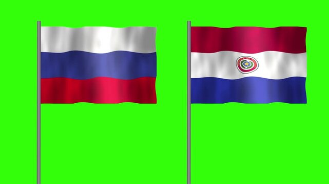 Flag of Paraguay and Russia, Pole flag of Paraguay and Russia on Green screen chroma key, Paraguay and Russia flag waving.
