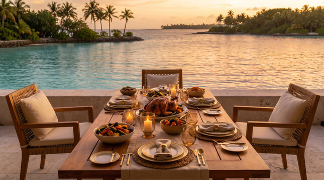 Tropical outdoor dining with a festive thanksgiving meal at sunset overlooking the ocean