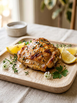 Roasted chicken thigh with lemon and thyme on a wooden serving tray culinary presentation