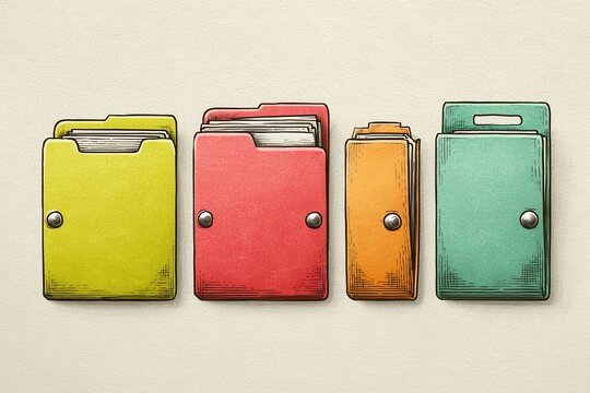 Four colorful file folders stacked on textured background