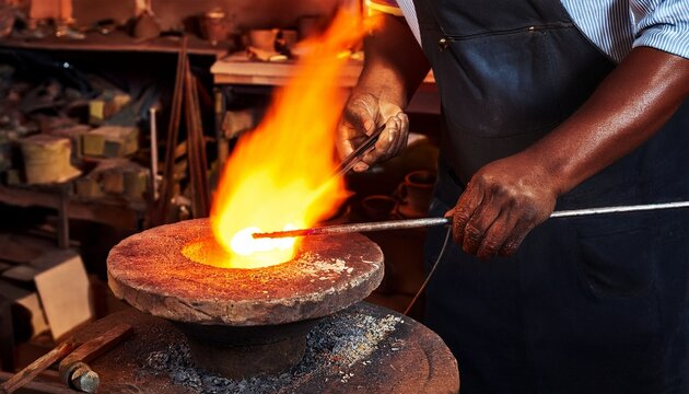 skilled glassblower shaping molten material with intense flames in a fiery workshop