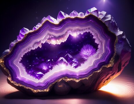 split open amethyst geodes reveal sparkling purple crystal formations illuminated by light