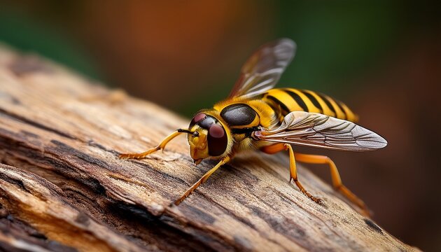 a hoverfly mimicking a wasp rests on wood showcasing remarkable nature photography