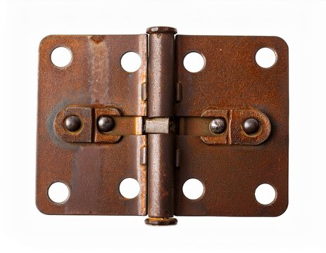 old rusty metal door hinge with screw holes for industrial construction or home repair projects isolated on white background