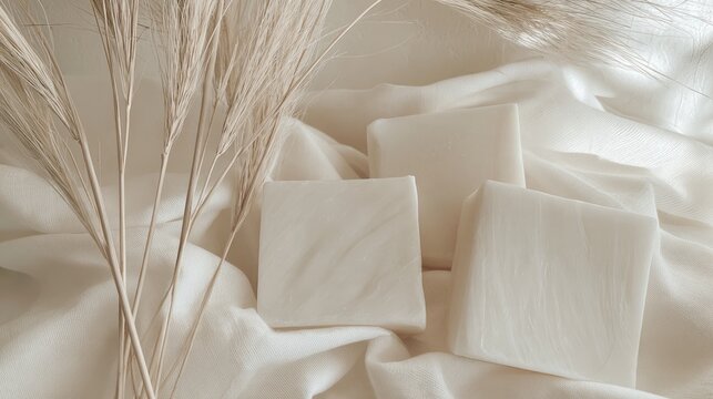 Clean fabrics and soaps laid out on a white surface