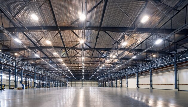 industrial warehouse ceiling with hanging led lights illuminating the spacious modern facility