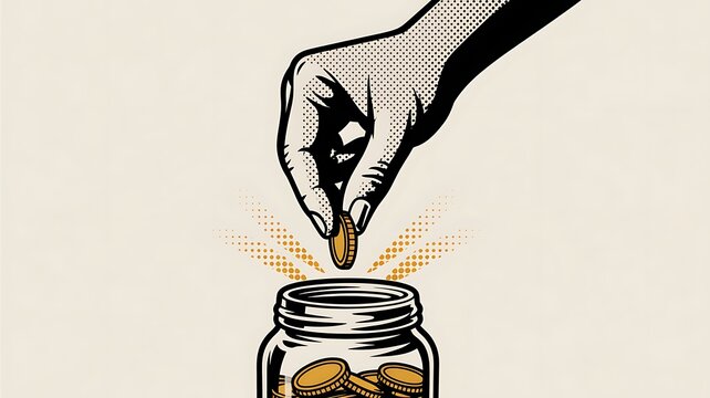Halftone graphic of a hand dropping a coin into a glass jar with yellow accents, transparent background 