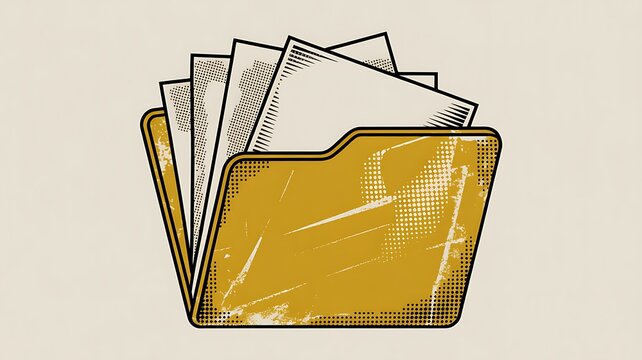 Yellow folder icon with distressed texture and halftone dots, holding several documents 
