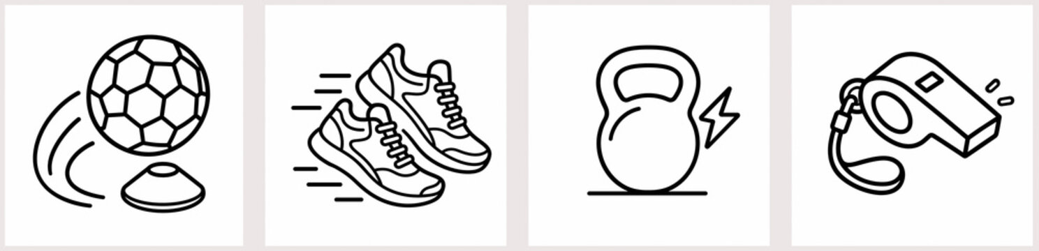 Sports and fitness line icons set, soccer ball, running shoes, kettlebell and coach whistle vector illustration