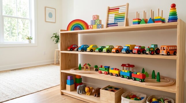 Bright educational play area with organized wooden shelving with filled diverse educational