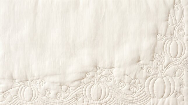 White quilted fabric with embossed pumpkin and leaf border