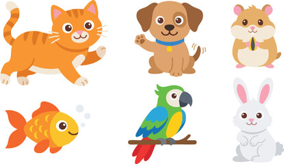Naklejka premium Cute Cartoon Pets Collection with Cat Dog Hamster Fish Parrot Rabbit