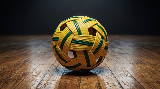 Woven rattan sepaktakraw ball resting on a rustic wooden floor with sepaktakraw textured equipment activity traditional competition close-up