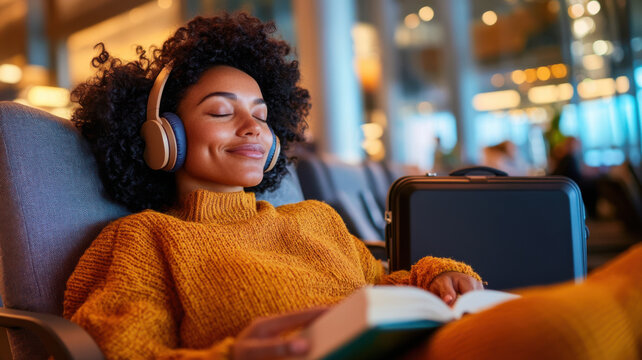 Mixed race woman relaxing in airport lounge chair with headphones suitcase and open book