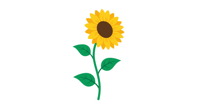 Vibrant yellow sunflower illustration featuring green leaves and a brown center on a clean white background