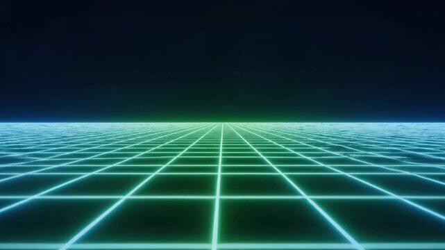 Retro 80s synthwave neon grid background moving forward infinitely in a seamless loop.