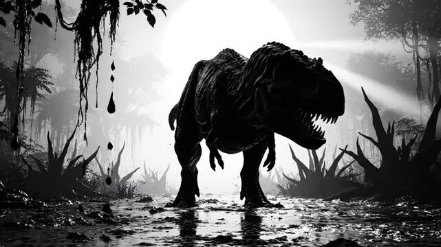 Black and white Tyrannosaurus Rex roaring in a prehistoric swamp surrounded by dense jungle vegetation under a bright sun