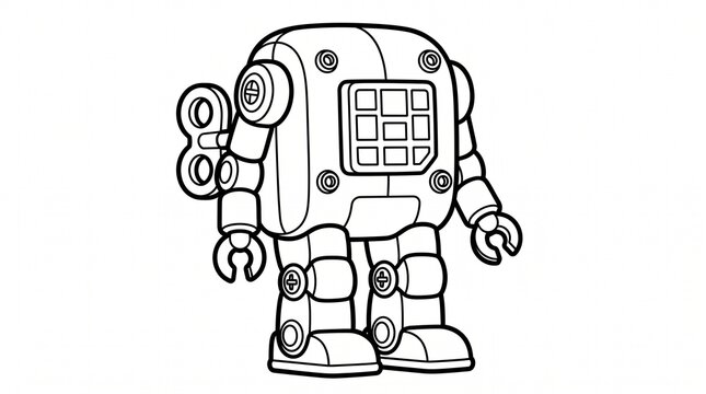 Vintage style illustration of a retro robot with a boxy design and detailed mechanical features on a white background