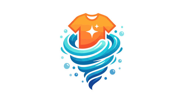 Bright orange t-shirt logo design featuring dynamic swirling water vortex and sparkling clean soap bubbles
