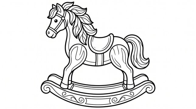 An antique engraving depicting a traditional wooden rocking horse featuring a beautifully crafted saddle and bridle upon an ornate base