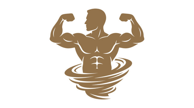 Muscular bodybuilder flexes his powerful biceps in a minimalist brown silhouette design with artistic tornado swirling