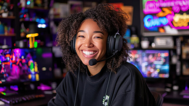 Mixed race woman live streaming from bedroom studio with headset microphone, chat overlay and colorful gamer lights