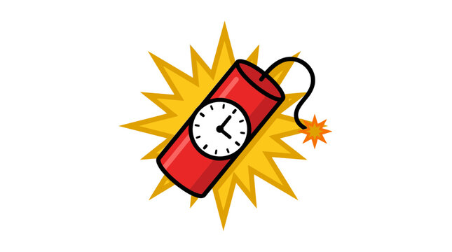 Red dynamite stick with attached clock timer illustration featuring vibrant yellow star burst graphic design