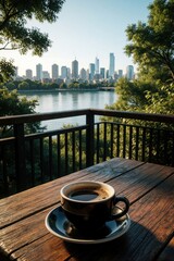 Obraz premium Black cup of hot coffee sits on wooden table overlooking city skyline and river. Peaceful morning scene with greenery and urban buildings. Perfect for relaxation.