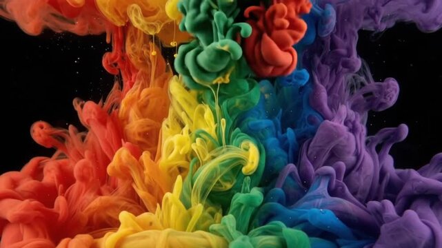 Rainbow Ink Bloom: Vibrant rainbow-colored inks swirl and bloom in dark water, creating an abstract explosion of color and texture that evokes creativity and imagination.