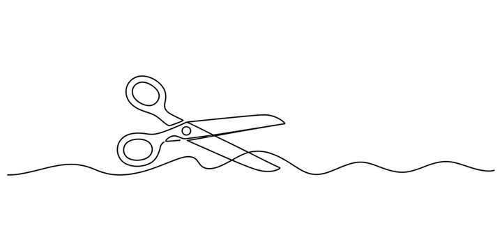 Continuous single line drawing of scissors cutting a wavy line Vector, illustration