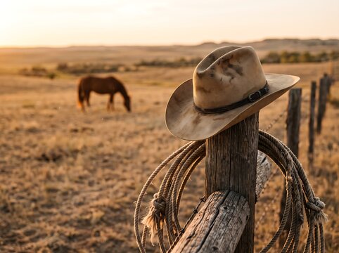 Western cowboy hat and coiled rope resting on wooden fence post with horse grazing in open field at sunset, tranquil rural ranch lifestyle scene evoking simplicity and nature connection